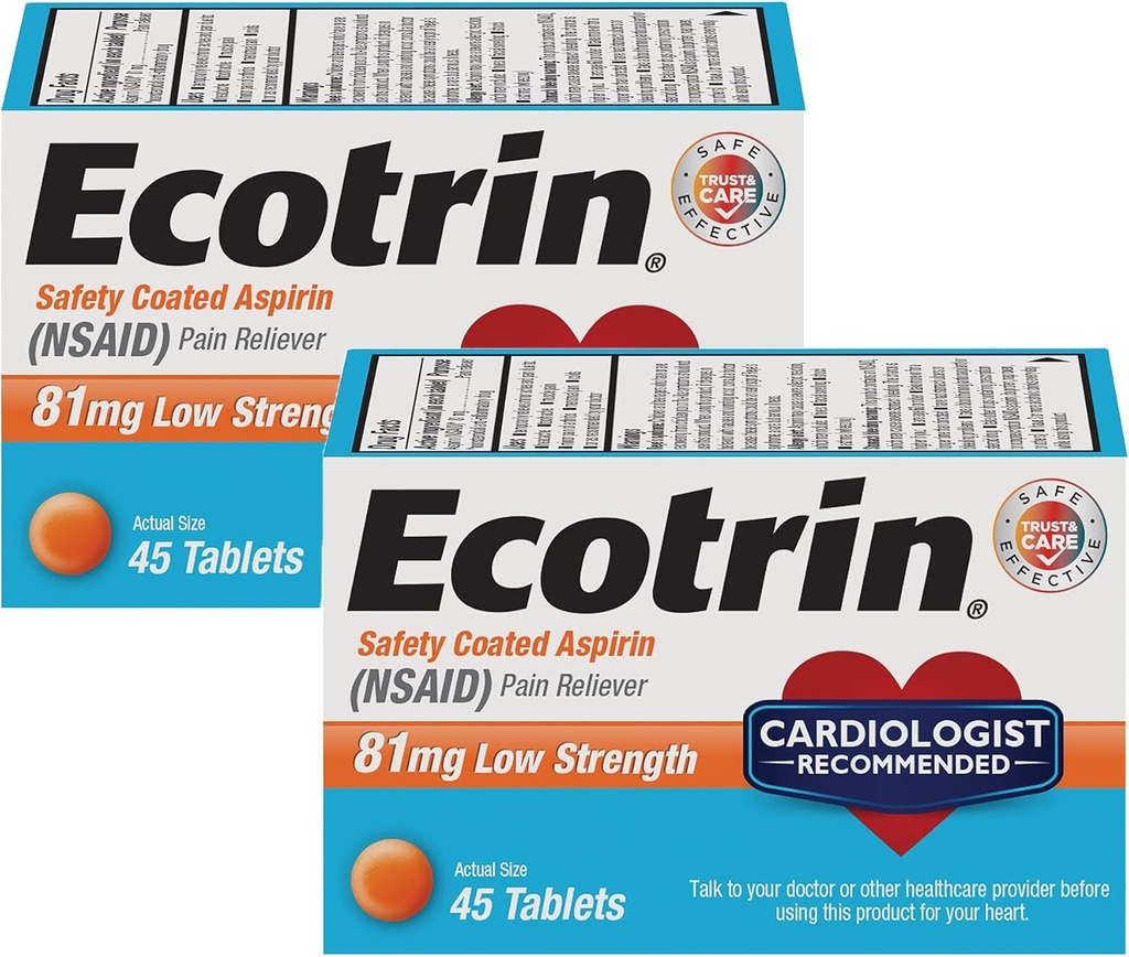 Ecotrin Low Strength Safety Coated Aspirin, NSAID 81mg, 45 cuentan (2 Pack)