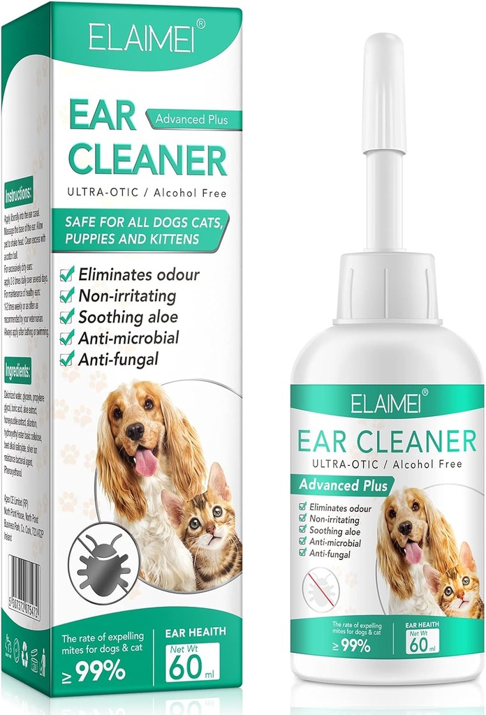 Limpiador de oídos para perros, Perros Tratamiento de la Infección del oído - Soothing Dog Yeast Infection, Soothes Itchy " Inflamed Ears, Odor del oído, Pet Ear Care Suplemento para perros pequeños, medianos y grandes - 60ml