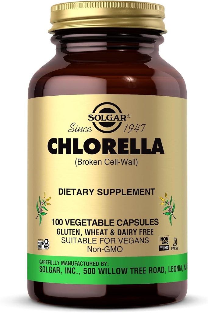 Solgar Chlorella - 100 cápsulas vegetales - Absorción máxima - No GMO, Vegan, Gluten Gratis, Kosher - 100 piezas
