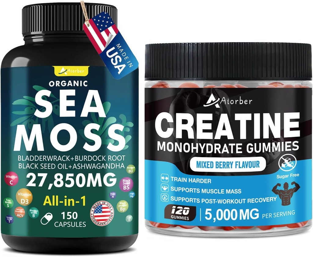 Mar Moss &amp; Cretina Monohydrate Gummies Bundle 270 Conde – Moss Mar Orgánico Negro Semilla Aşhwagandha Ginger &amp; Creatine Monohydrate (2 Pack)