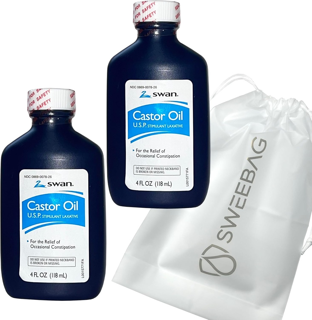 SWAN Castor Oil USP 100% Estimulante Laxante para el alivio del estreñimiento ocasional 4 Fl Oz (Pack of 2) Plus Bag Strong and Waterproof