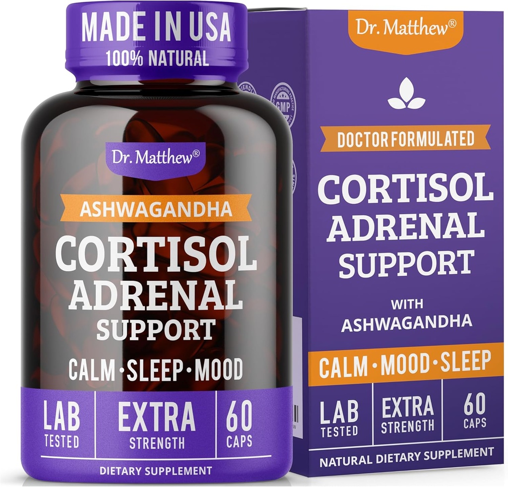 Dr. Matthew Cortisol Reductor Suplemento para Mujeres. Soporte Adrenal con Ashwagandha, Rhodiola &amp; Ginseng – Un Cocktail Detox al Bajo Cortisol &amp; Ayuda Relajación, calma y descanso