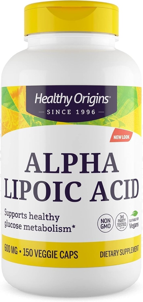 Orígenes saludables Ácido Lipoico alfa, 600 mg - Suplemento Ácido Lipoico alfa - Apoyo Antioxidante - Suplemento libre de gluten - 150 cápsulas vegetales