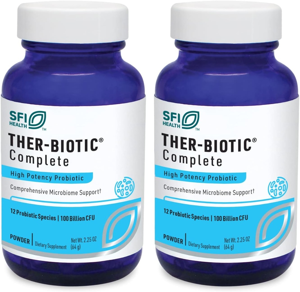 Klaire Labs SFI Health Ther-Biotic Complete Probiotic Powder - 100 Billion CFU - Probióticos de hombres y mujeres para la salud digestiva &amp; soporte inmunológico - sin lácteos, hipoalergénico (64g, 2 Pack)
