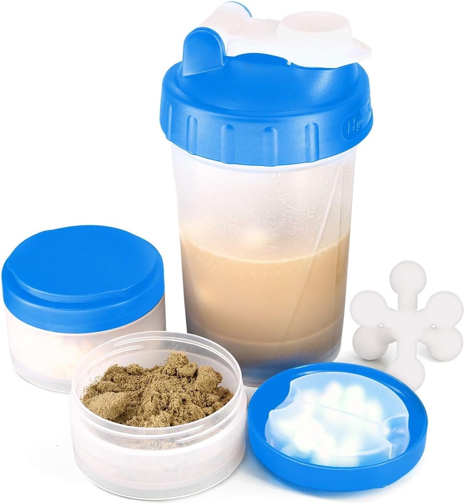 16oz Protein Shaker Bottle with Shaker Ball and 2 Storage Jars | BPA-Free Plastic Cup with Clear Measurement Scale | Perfect for Protein Mixes and Pills | Portable Pre-Workout Drink Cup（Blue）