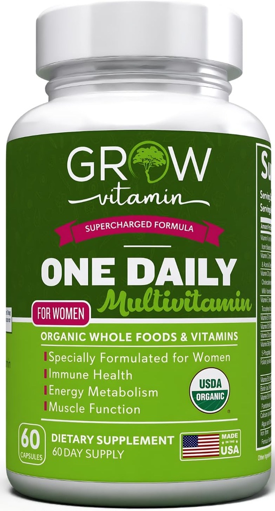 grow vitamin One Daily Multivitamin for Women - Energy Support - Whole Food Supplement to Nourish Hair, Skin, Nails - Non-GMO - No Soy - Gluten Free - 60 Capsules - 2 Month Supply
