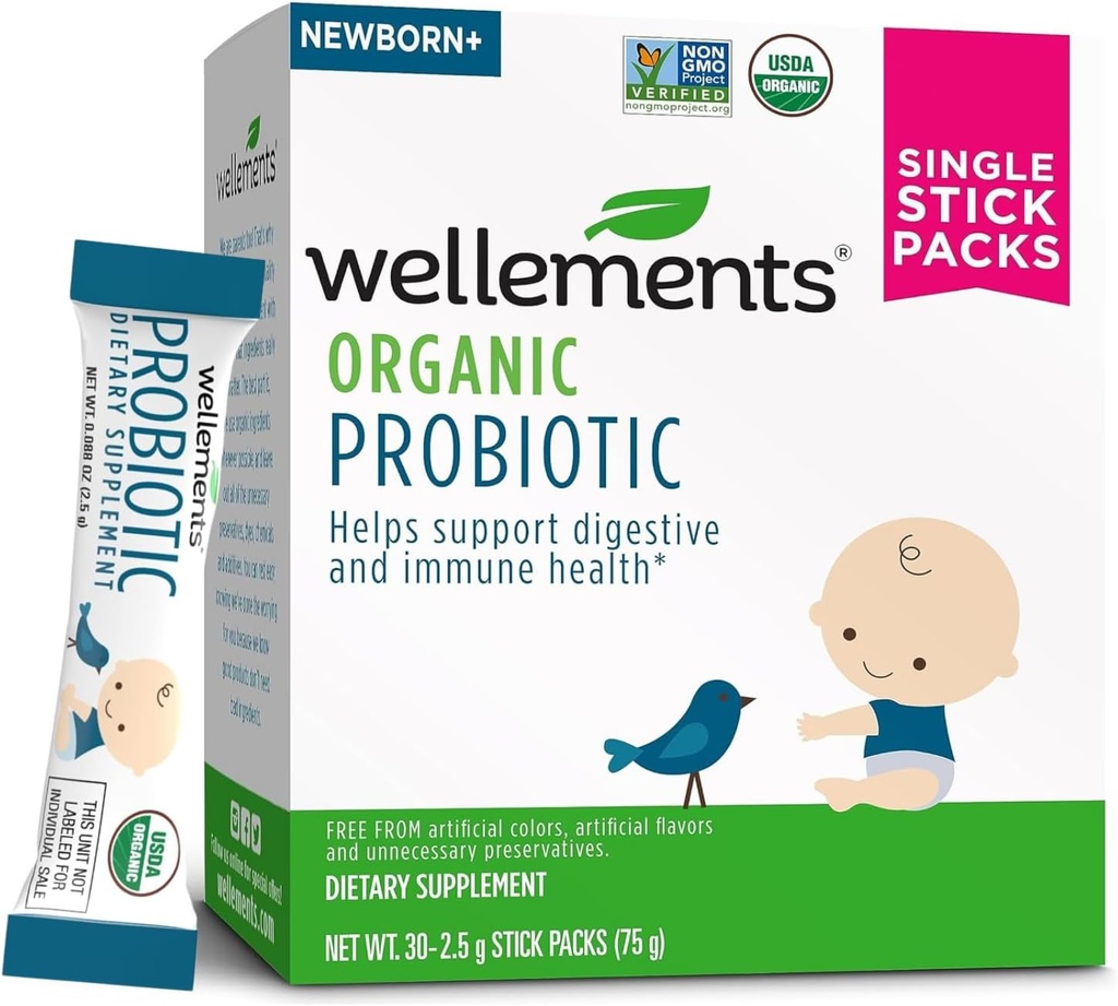 Wellements Organic Probiotic Stick Packs ← Ayuda Digestive and Immune Health for Infants, Babies and Toddlers ← Flavorless y Fácil de Usar ← Non-GMO y Top 9 Allergen Free tención 30ct