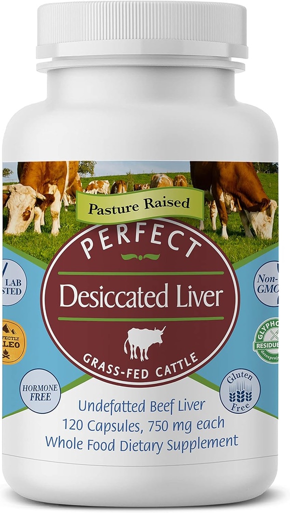 Suplementos perfectos – Desiccated Beef Liver Capsules Grass Suplemento Fed - Fuente natural de Proteína, Hierro, Vitaminas A &amp; B- Boost Energy and Immunity - No Chemicals No Dairy and Hormone Free