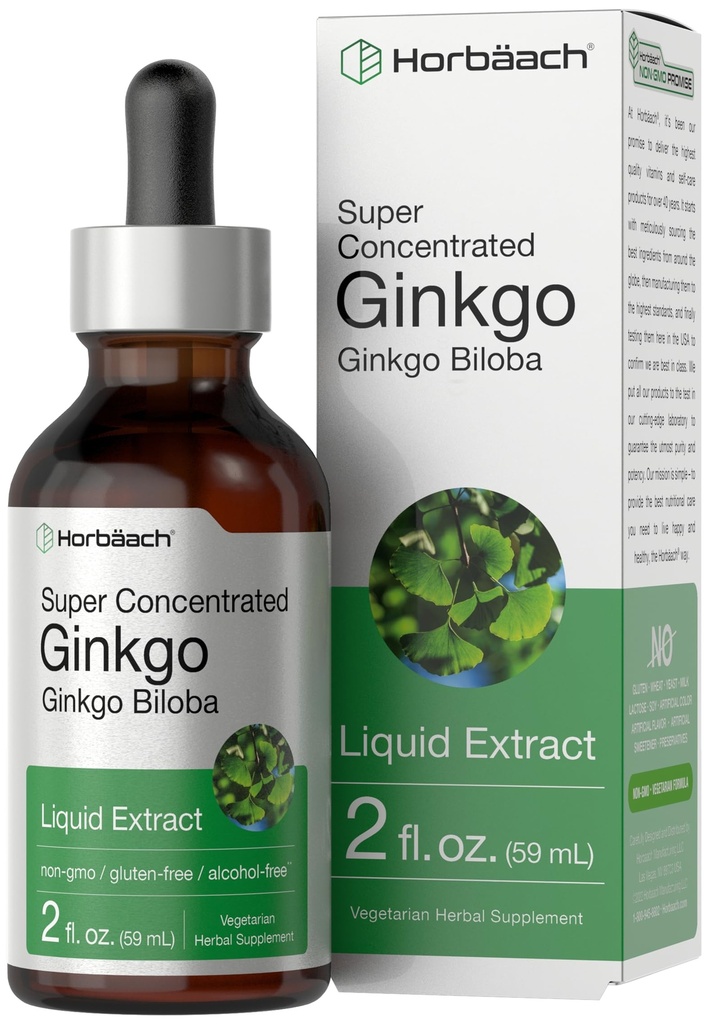 Horbäach Ginkgo Biloba Extract Liquid 2 fl oz ← Alcohol-Free Herb Suplemento Silencio Vegetarian, Non-GMO, Gluten Free