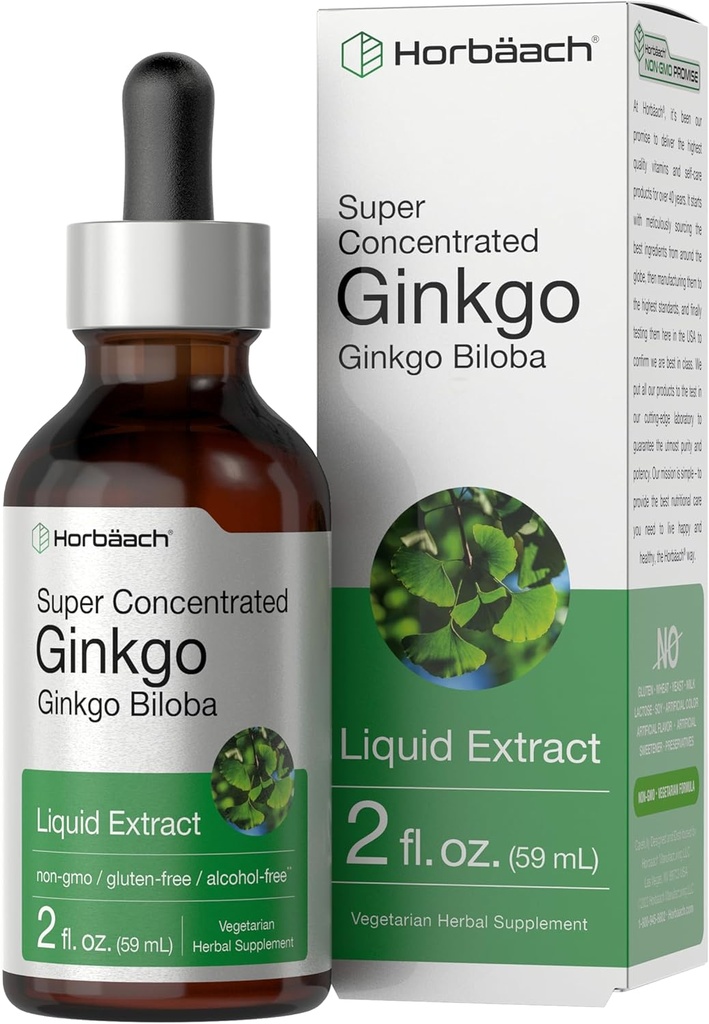 Horbäach Ginkgo Biloba Extract Liquid 2 fl oz ← Alcohol-Free Herb Suplemento Silencio Vegetarian, Non-GMO, Gluten Free
