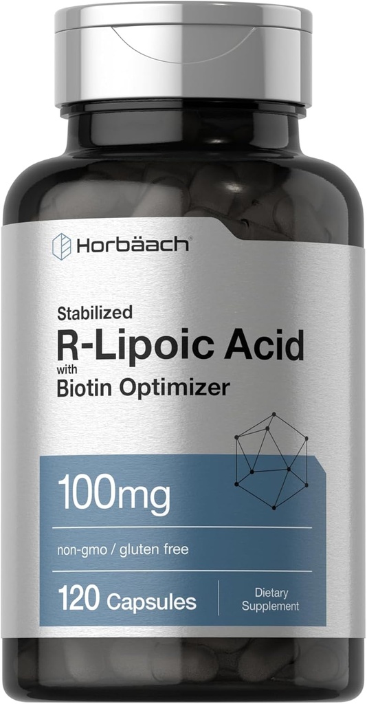 Horbaach R-Lipoic Acid 100 mg  120 Capsules  durable with Biotin Optimizer Silencio Non-GMO, Gluten Free peru Stabilized R-Lipoic Acid Suplemento