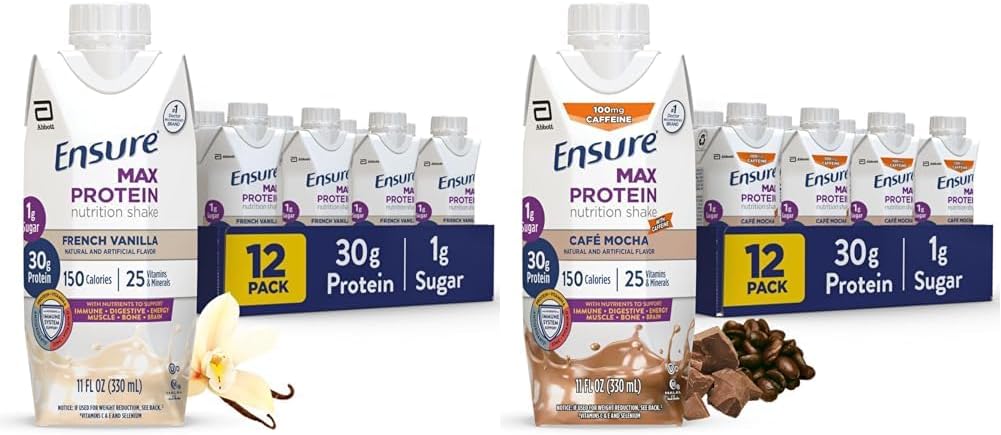 Garantizar Max Protein Nutrición Shake con 30g Protein, 1g Azúcar, High Protein Shake, French Vanilla & Café Mocha, Liquid, 11 fl oz (Pack of 12) Bundle