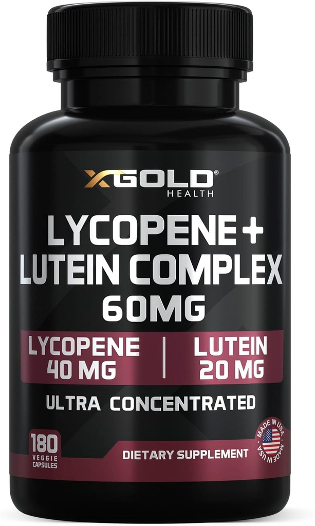 Lycopene + Lutein 60mg Suplemento Silencio Ojo Salud &amp; Visión Soporto Antioxidante para ojos saludables " Esquía TENIDO NO GMO, Gluten Gratis TEN 180 Capsules Vegetarianos