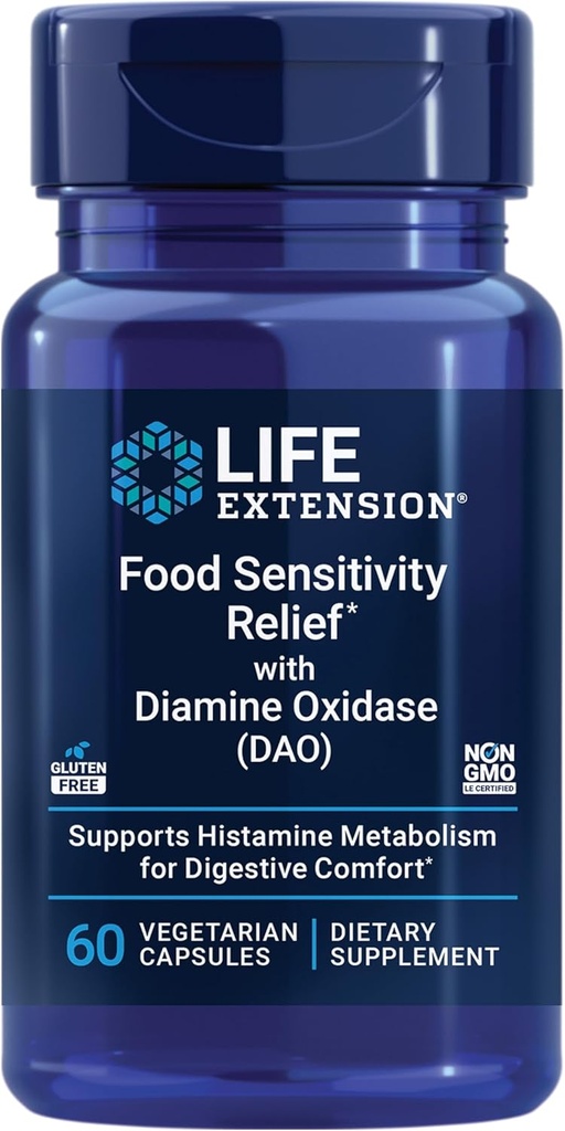 Extensión de la vida Alimento de Sensibilidad con Oxidase de Diamina (DAO), Gas ocasional, Confort Digestivo, Sensibilidad de histamina, Suplemento DAO Enzyme, Gluten Libre, No GMO, Vegetariano, 60 cápsulas