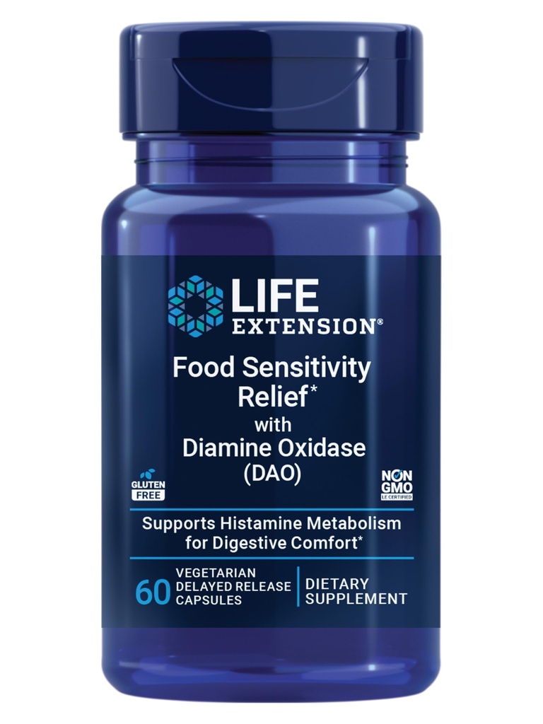Life Extension Food Sensitivity Relief with Diamine Oxidase (DAO), Occasional Gas, Digestive Comfort, histamine Sensitivity, DAO Enzyme Supplement, Gluten Free, Non-GMO, Vegetarian, 60 Capsules