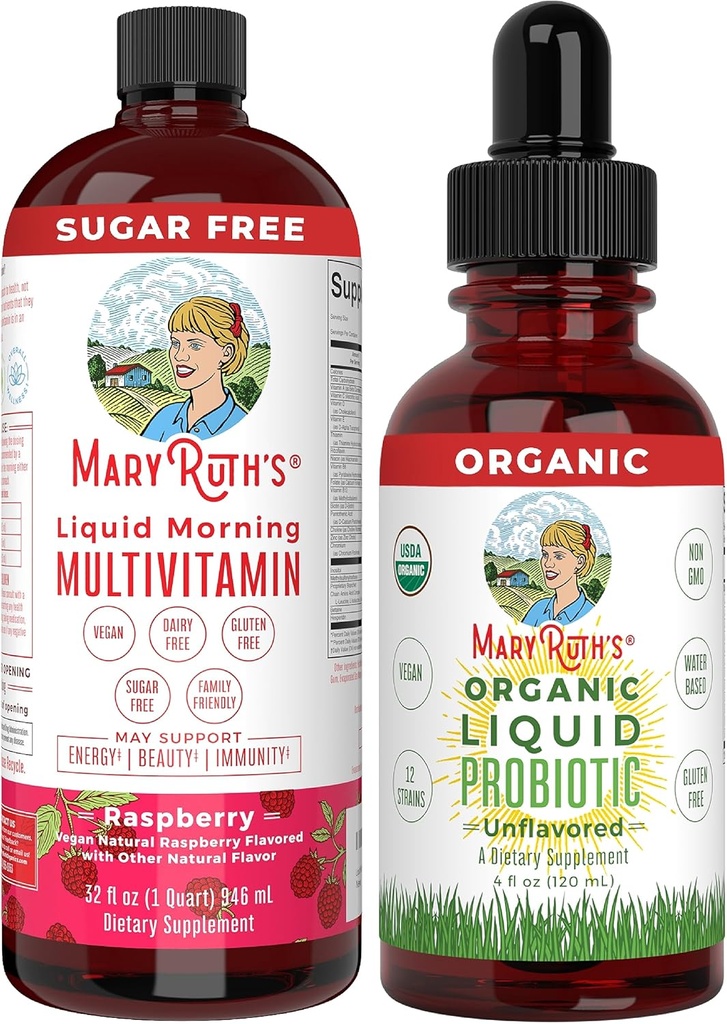 MaryRuth Organics Liquid Multivitamin Raspberry & Liquid Probiotic 4oz Bundle ← Vegan Vitamina A, B, C, D3, E &amp; Amino Acids ← Immune, Digestion, Focus &amp; Energy Support ← Gut Health Supplement.