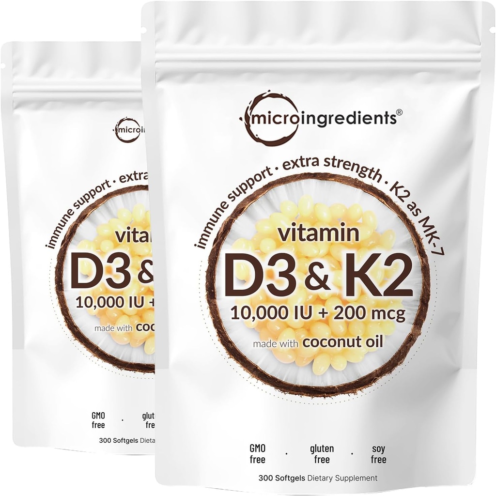 2 Pack Vitamina D3 10000 iu Plus K2 (MK-7) 200 mcg, 300 Vírgenes de aceite de coco Softgels Silencioso 2 en 1 Complejo de vitaminas D & K Apoyo a la Absorción de calcio, hueso, inmune, " Salud cardíaca: fácil de absorber