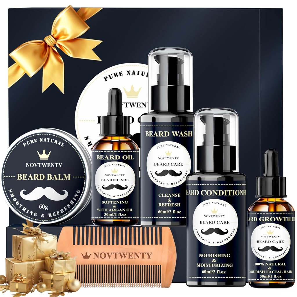 Kit de crecimiento de la barba - 7 Pc Kit, Incluye lavado, aceite, acondicionador, Balm, Comb, Caja regalo para hombres