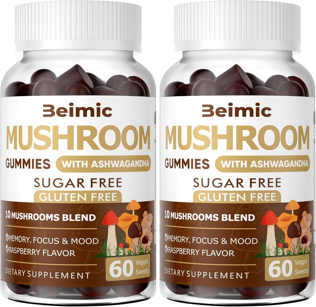 Mushroom Gummies - 10x Mushroom Suplemento con Ashwagandha y Lions Mane (120 Chews) Suplemento cerebral nootrópico, Immune Support & Stress Relief (Pack of 2)