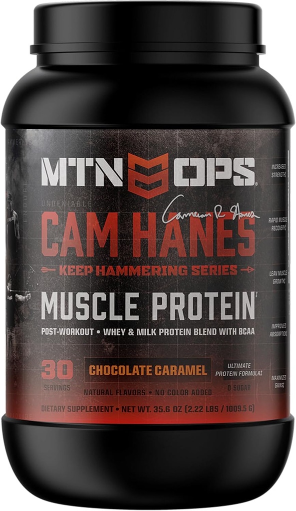 MTN OPS Cameron Hanes Sigue Hammering Whey Protein Powder, Chocolate Caramel Flavor, 30 Servings