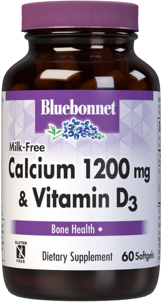 Calcio libre de leche de Bluebonnet 1,200 mg más vitamina D3 400 UI - alta potencia, absorción máxima fuerte huesos saludables &amp; suplemento de apoyo a la salud inmune, libre de gluten, libre de lácteos, 60 Softgels