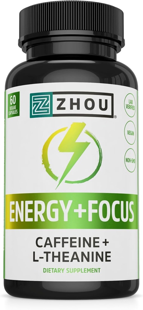 Zhou Energy + Focus - L Theanine Caffeine Pills, 200mg L-Theanine, 100mg Natural Anhydrous Caffeine Boost for Adults, Men &amp; Women, Slow Extended Release - 60 Vegetarian Capsules (Pack of 1)