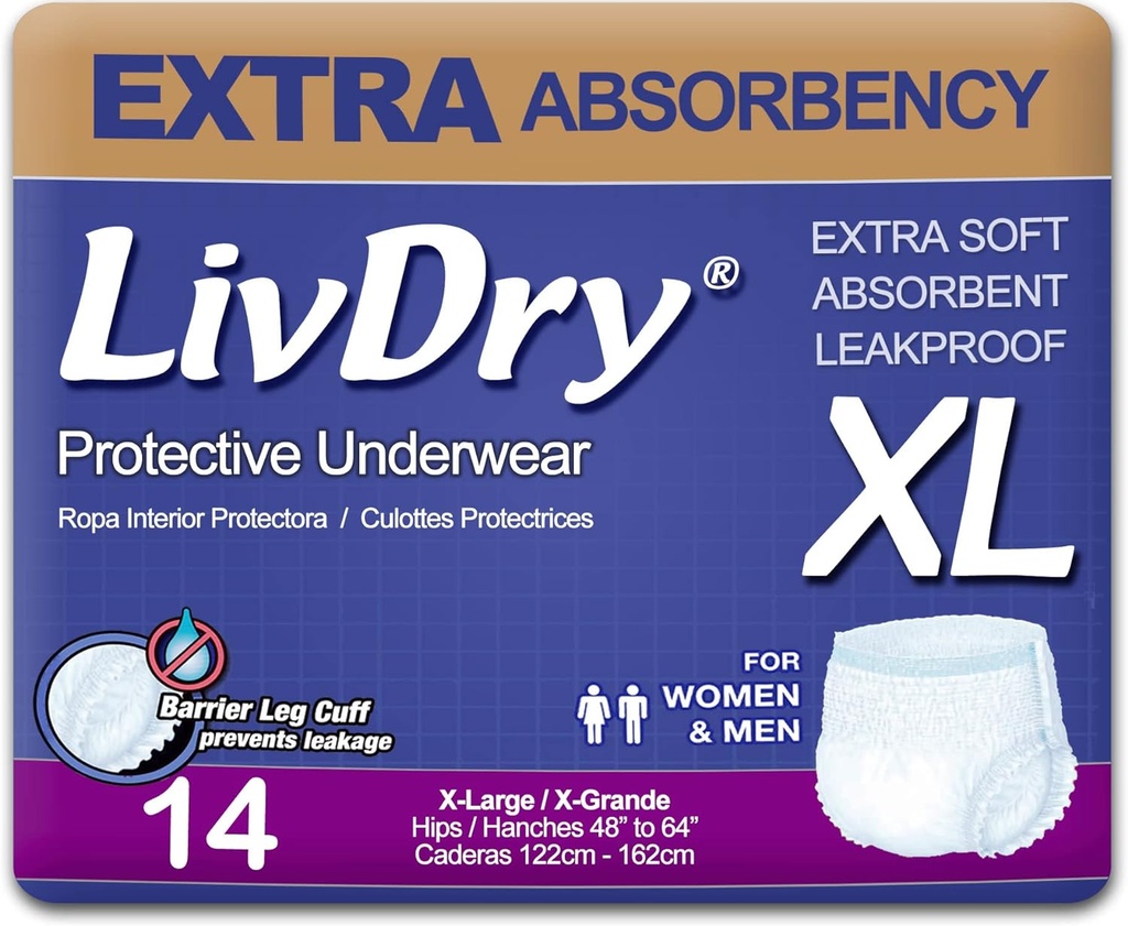 LivDry Adult XL Incontinence Underwear, Absorbency Adult Diapers, Leak Protection, X-Large, 14-Pack