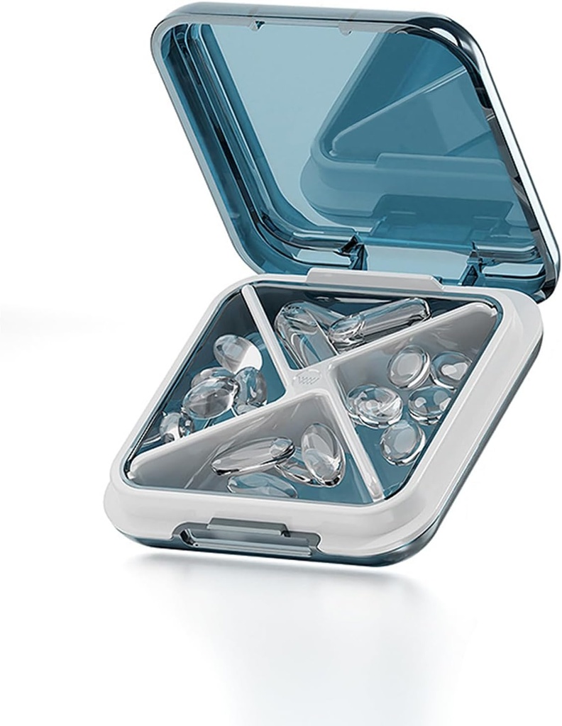Caja pequeña de pill caja impermeable caja de viaje caja de carga diaria portátil contenedor de píldoras para el propósito 4 Compartimientos Pocket Compact Medicine Organizer for Fish Oils,Supplements,Medication (Blue)
