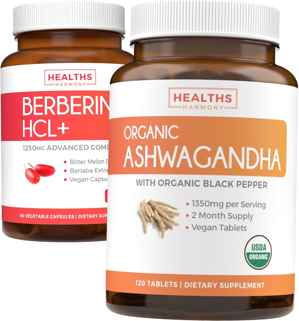 Save $4 (11% Off) - Comprar Ashwagandha ecológica &amp; Berberine HCL+ - Nature's Synergy Duo - Berberine (60 Capsules) - Organic Ashwagandha Root Powder 1350mg Serve (120 Tablets) Natural Adrenal Help