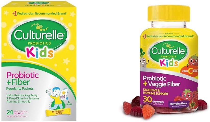 Culturelle Kids Probiotic + Fiber Packets (Ages 3+) - 24 Count - Digestive Health &amp; Immune Support " Daily Probiotic for Kids + Veggie Fiber Gummies (Ages 3+) - 30 Count