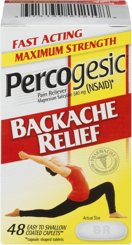 Percogesic Backache Relief Pain Reliever, Maximum Strength, 48 Tablets (2 Pack)