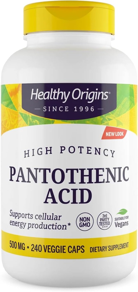 Orígenes saludables Premium Vitamina B5 Ácido pantoténico 500 mg Cápsulas vegas, alta resistencia, energía y apoyo metabolismo, cansancio &amp; fatiga, suplemento acné para el cuidado de la piel, blanco, 240 Conde