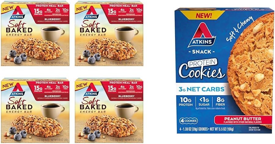 Atkins Soft Baked Energy Bars, Blueberry, 15g Protein, 2g Sugar, Excelente Fuente &amp; Manteína de mantequilla de maní Cookie, Protein Dessert, Rich in Fiber, 3g Net Carb, 1g Sugar