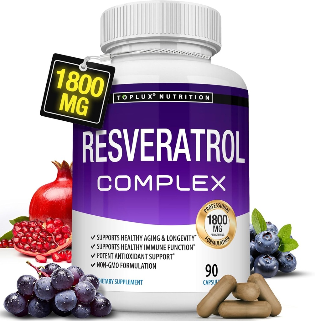 Suplemento de Resveratrol 1800 mg Complejo Antioxidante - Píldoras Trans-Resveratrol Natural de alto potencial para el envejecimiento saludable, Asistencia sanitaria general, sistema inmunológico, función cerebral, para hombres mujeres, 90 cápsulas