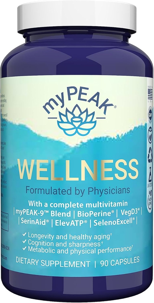 myPEAK Wellness Award-Winning Vegan Multivitamin with ElevATP Ancient Peat Extract, Natural Astaxanthin, Iron, Resveratrol y Alpha GPC, Immunity Booster, All-in-One para Hombres y Mujeres, 90 Conde
