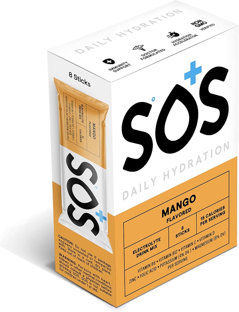 SOS Hydration Electrolyte Powder Stick Packs ← Bajo Azúcar ← Rehidratación rápida Hecho en EE.UU.