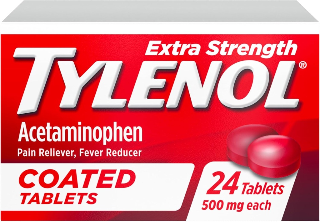 Tylenol Extra Strength Pain Reliever & Fever Reducer, Round Coated Tablets, 500 mg Acetaminophen Pain Relief Pills for Headache, Toothache & Minor Arthritis Pain, 24 ct