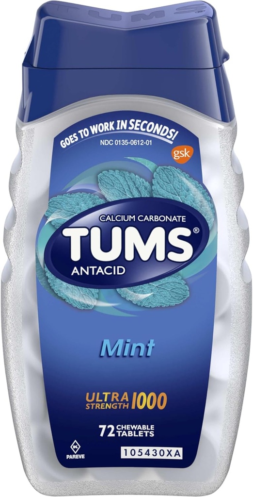 TUMS Ultra Strength Chewable Tablets for Heartburn Relief, Peppermint - 72 Count