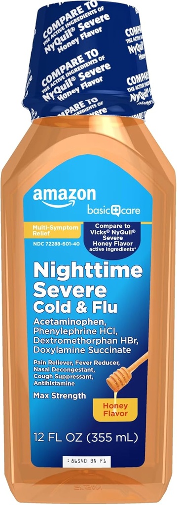 Cuidado Básico Miel Flavor Severe Cold y Flu Relief, Medicina Líquida, 12 fl oz (Pack of 1)