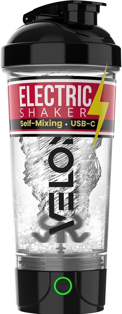 VELOMIX Eléctrico Protein Shaker Bottle - 24 oz ← USB-C recargable ¦ Leak Proof Shaker Cups for Protein Shakes ← Portable Blender for Shakes and Smoothies (Electric-Transparent)