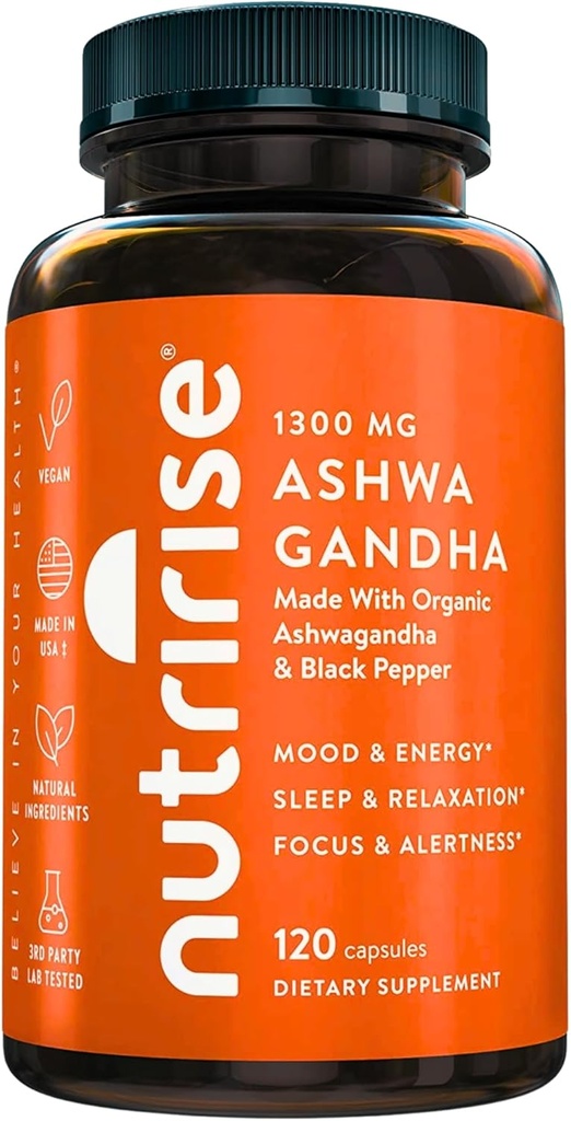 NutriRise Organic Ashwagandha Root Capsules with Black Pepper, 1300mg, Natural Stress & Mood, Thyroid, and Immune Support Suplemento, Clarity, Focus &amp; Energy, Gluten Free, 120 Count