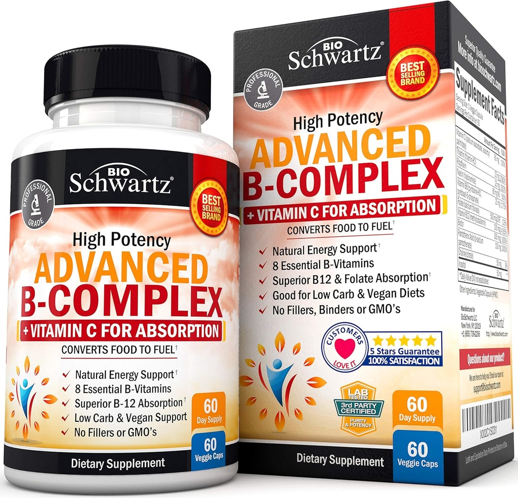 Complejo de vitamina B con vitamina C para la absorción máxima - Metilcobalamina b12 &amp; Folate Folic Acid Suplemento - B1 B2 B3 B5 B7 B9 para la energía inmune &amp; Nervous System Support - Non-GMO, 60 cuentan