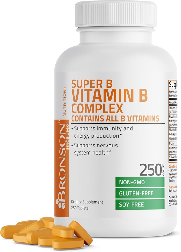 Complejo Bronson Vitamina B (Vitamin B1, B2, B3, B6, B9 - Ácido Fólico, B12), 250 Tabletas