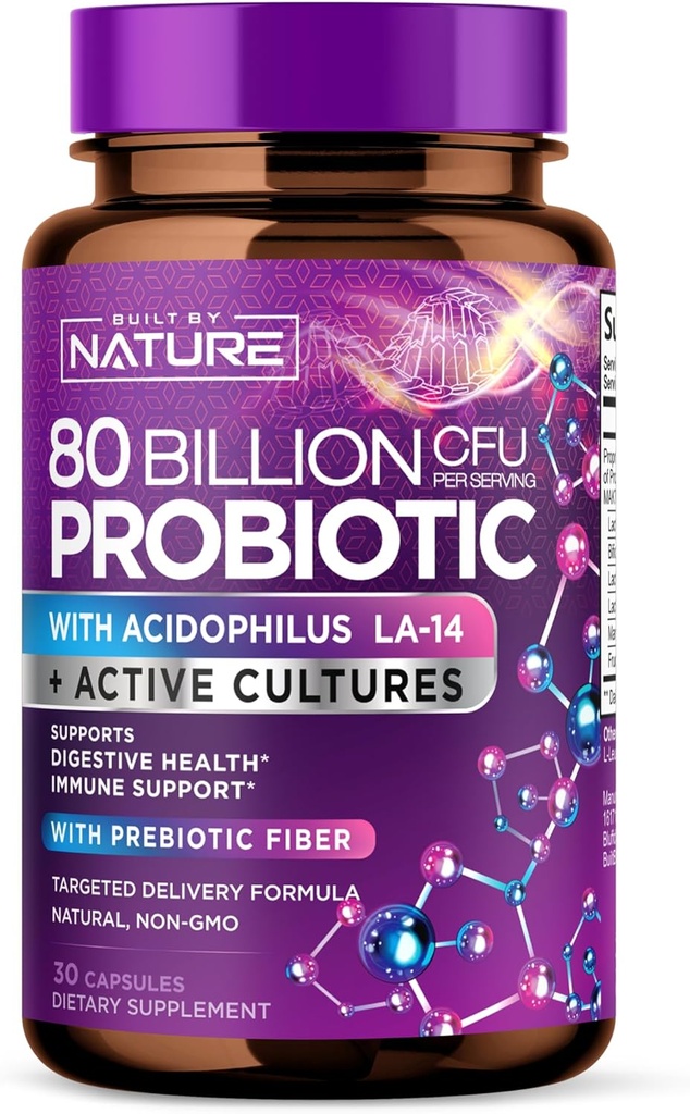 80 Billion CFU Probiotic - Daily Digestive Gut Health Supplement for Men ' Women - Lactobacillus acidophilus, Bifidobacterium & Prebiotics - Non-GMO, Gluten & Dairy Free, Shelf-Stable - 30 cápsulas