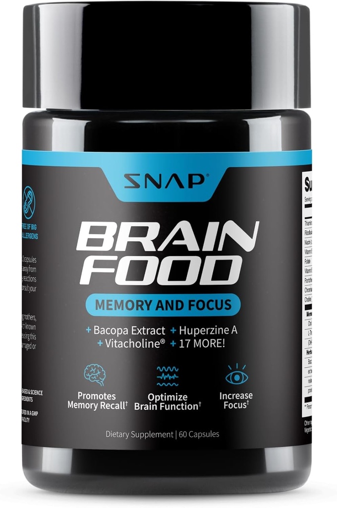 Snap Supplements Brain Booster Nootropics Supplement for Memory, Focus & Clarity, Bacopa Extract, Ginkgo Biloba, 60 Capsules