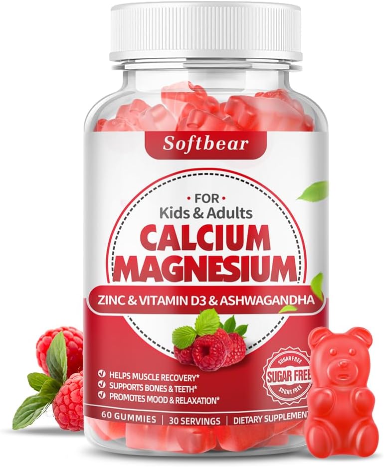 softbear Calcio Magnesio Zinc Gummies para Mujeres, Calcio Magnesio Suplemento con Vitamina D3 para la Fuerza de Hueso, Vegan/Sugar-Free, Raspberry Flavor 60 Cuenta