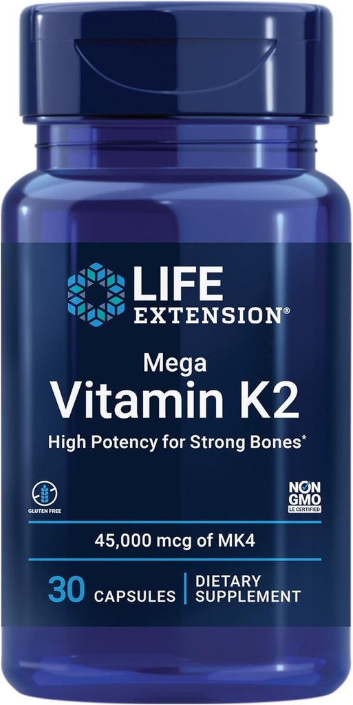Prórroga de vida Mega Vitamina K2 Potencia alta para huesos fuertes, clínicamente estudiado 45 mg K2 Dosificación, promueve la densidad de huesos saludables, libre de gluten, no GMO, 30 cápsulas