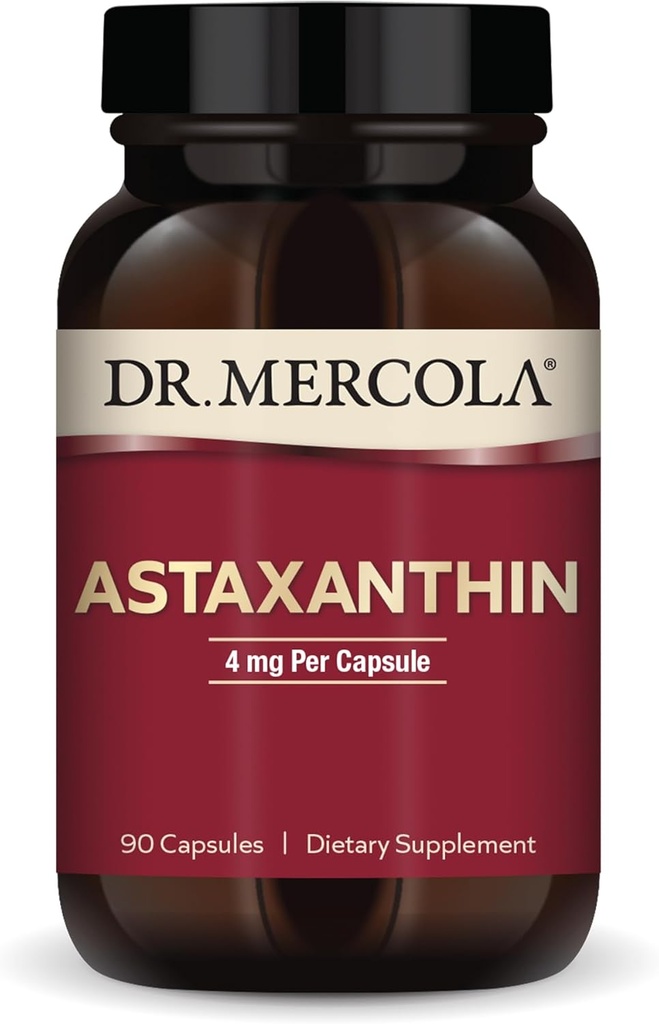 Dr. Mercola Organic Astaxanthin - 4 mg Astaxanthin - Powerful Antioxidant Support - Organic Microalgae Extract - Non-GMO, Gluten-Free &amp; Soy-Free - 90 cápsulas (90 piezas)