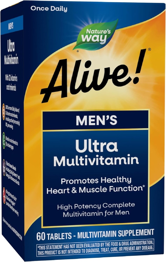 ¡La naturaleza está viva! La fórmula de alta potencia de los hombres ultra multivitamina diaria, promueve la función del corazón y el músculo*, con vitamina metilada B12, sin gluten, 60 tabletas