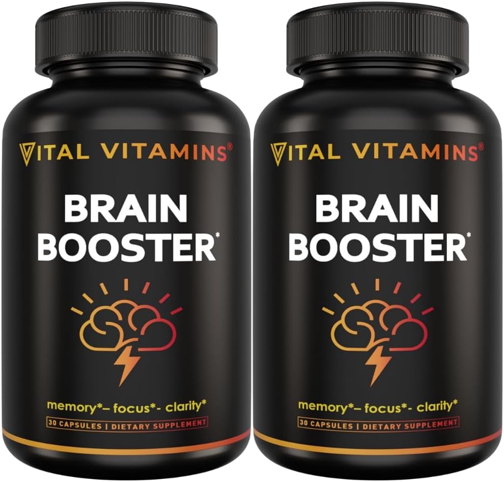 Suplementos cerebrales de vitaminas vitales para la memoria y el foco (2-Pack) – Booster cerebral nootrópico con Ginkgo Biloba, Rhodiola, B12 – Soporte sin cafeína para adultos mayores – Suministro de 60 días